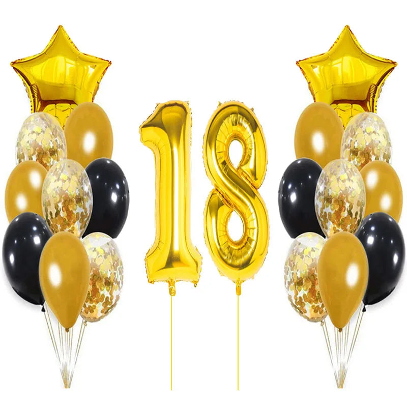 Yaobener Black Gold Number Foil Latex Balloons Happy Birthday Party Decorations Adult Kids 18th birthday / Set
