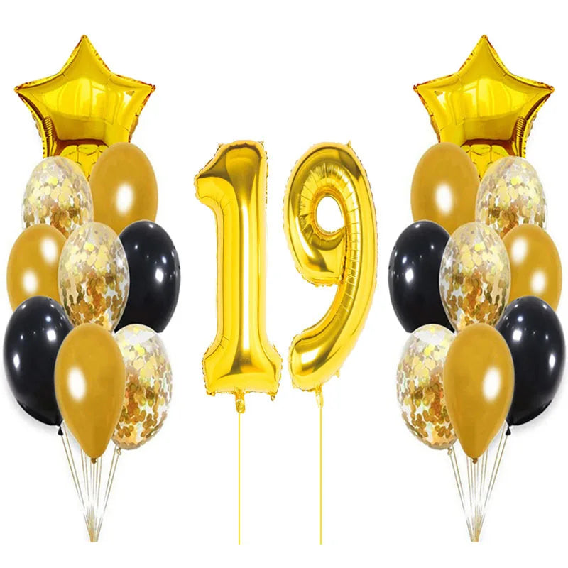 Yaobener Black Gold Number Foil Latex Balloons Happy Birthday Party Decorations Adult Kids 19th birthday / Set