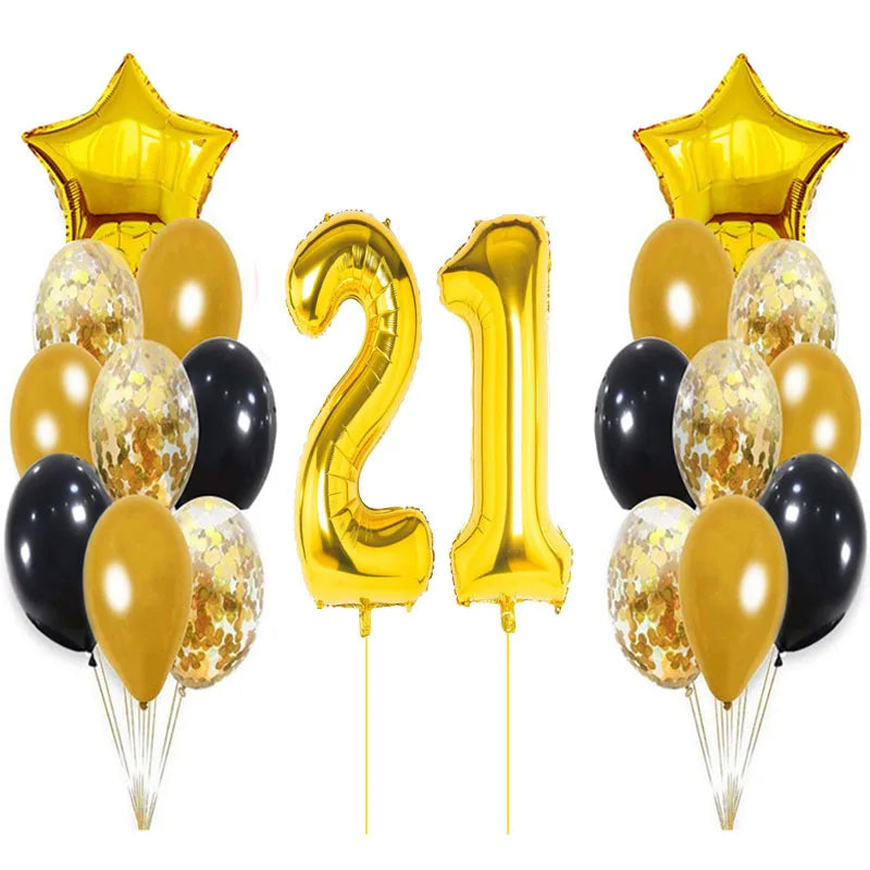 Yaobener Black Gold Number Foil Latex Balloons Happy Birthday Party Decorations Adult Kids 21th birthday / Set