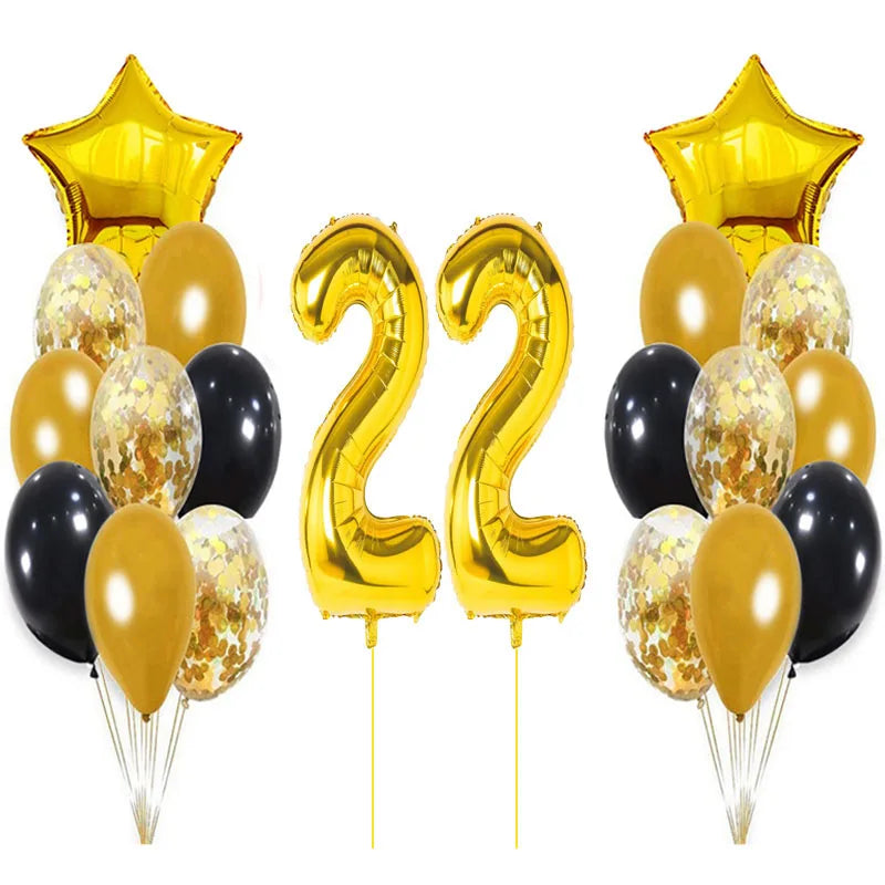 Yaobener Black Gold Number Foil Latex Balloons Happy Birthday Party Decorations Adult Kids 22th birthday / Set