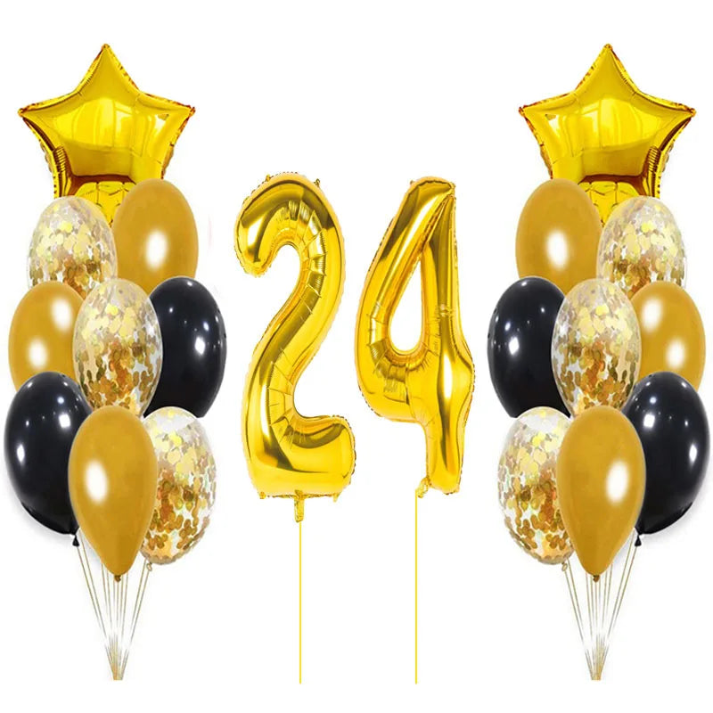 Yaobener Black Gold Number Foil Latex Balloons Happy Birthday Party Decorations Adult Kids 24th birthday / Set