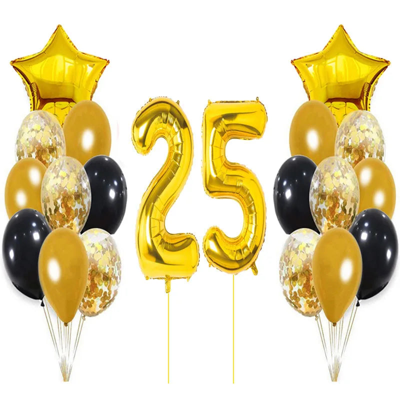 Yaobener Black Gold Number Foil Latex Balloons Happy Birthday Party Decorations Adult Kids 25th birthday / Set