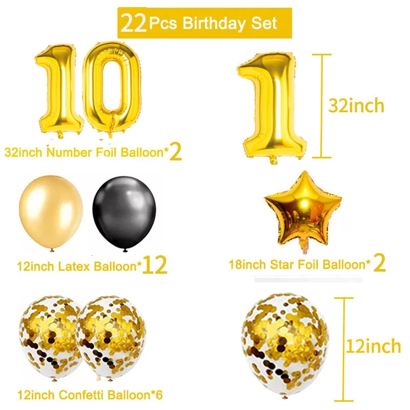 Yaobener Black Gold Number Foil Latex Balloons Happy Birthday Party Decorations Adult Kids