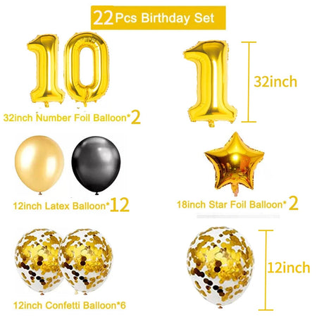 Yaobener Black Gold Number Foil Latex Balloons Happy Birthday Party Decorations Adult Kids