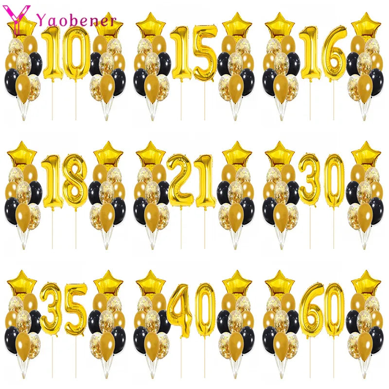 Yaobener Black Gold Number Foil Latex Balloons Happy Birthday Party Decorations Adult Kids