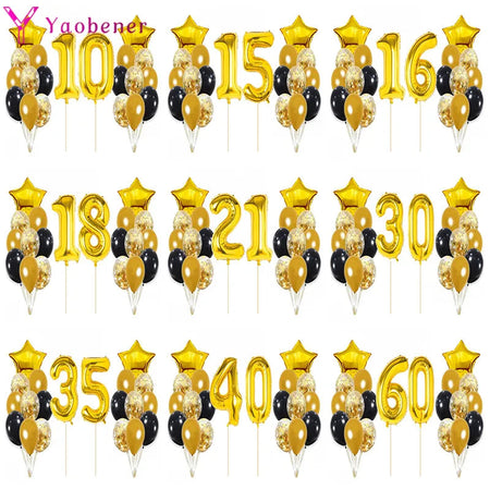 Yaobener Black Gold Number Foil Latex Balloons Happy Birthday Party Decorations Adult Kids
