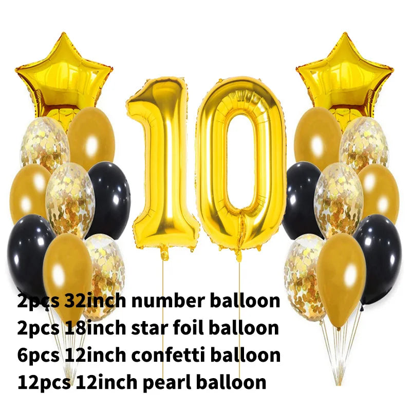 Yaobener Black Gold Number Foil Latex Balloons Happy Birthday Party Decorations Adult Kids