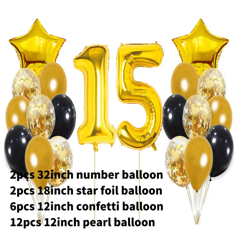 Yaobener Black Gold Number Foil Latex Balloons Happy Birthday Party Decorations Adult Kids