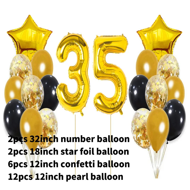 Yaobener Black Gold Number Foil Latex Balloons Happy Birthday Party Decorations Adult Kids