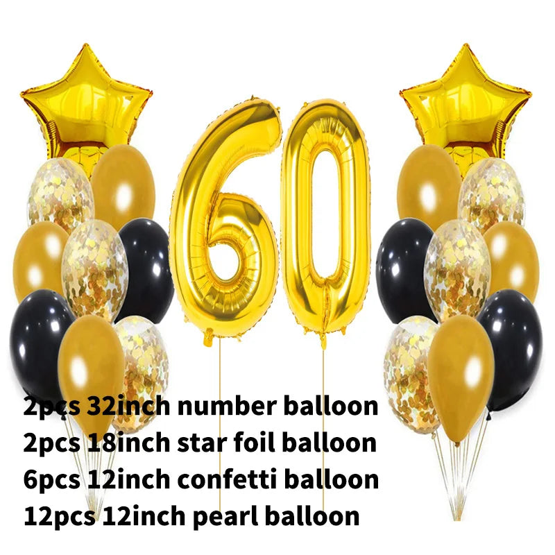 Yaobener Black Gold Number Foil Latex Balloons Happy Birthday Party Decorations Adult Kids
