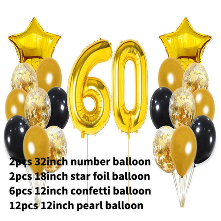 Yaobener Black Gold Number Foil Latex Balloons Happy Birthday Party Decorations Adult Kids