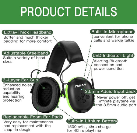ZOHAN Hearing Protection Bluetooth headphone Earmuffs 5.0 Headphones Safety Noise Reduction 25dB NRR Protector for Mowing Music