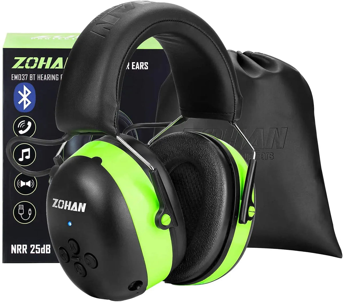 ZOHAN Hearing Protection Bluetooth headphone Earmuffs 5.0 Headphones Safety Noise Reduction 25dB NRR Protector for Mowing Music green