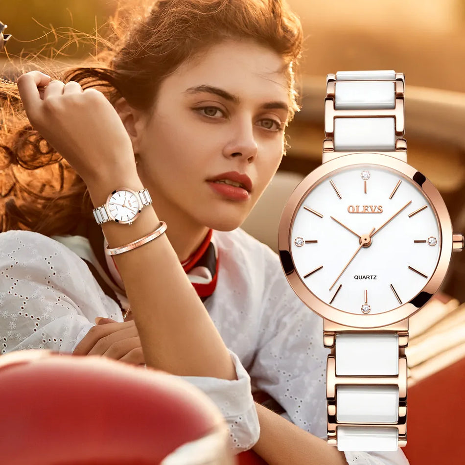 🟠 Olevs Ceramics Wacestrap Quartz Women Watch Waterproper Luxury Brand Watch для женских модных элегантных женских браслетов Watch 5877