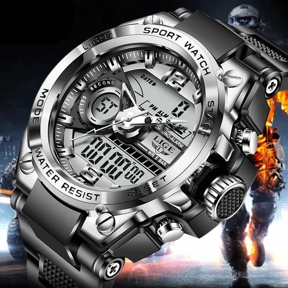 🟠 Lige Digital Men Men Anity Watch 50 м водонепроницаемые наручные часы Led Quartz Clock Sport Watch Мужские большие часы мужчины Relogios Masculino